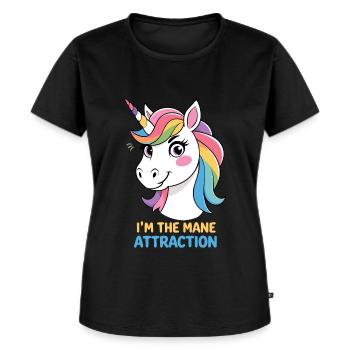 Lustiges Einhorn mit Regenbogenmähne - Frauen Premium Bio T-Shirt - Schwarz - Vorne - Selfina (174cm)