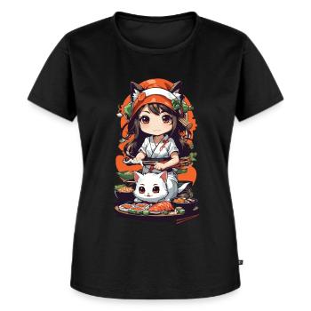 Kawaii Anime Sushi Kemomimi Master with Cat - Women's Premium Organic T-shirt - black - Front - Selfina (174cm)