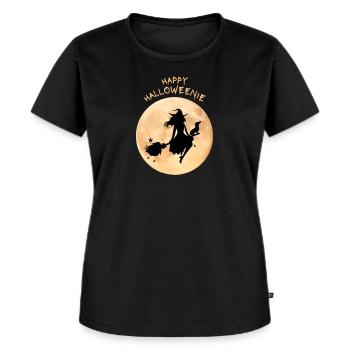 Dackelmotiv Halloweenie Hexe mit Dackel auf Besen - Frauen Premium Bio T-Shirt - Schwarz - Vorne - Selfina (174cm)