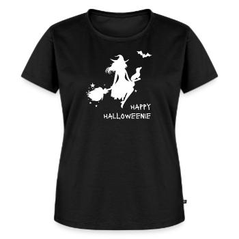 Dackelmotiv Halloweenie, Dackel mit Hexe auf Besen - Frauen Premium Bio T-Shirt - Schwarz - Vorne - Selfina (174cm)