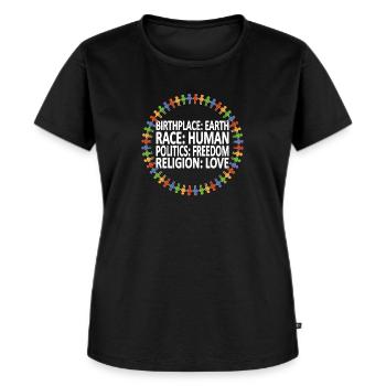 Gegen Rassismus (englisches Shirt) - Frauen Premium Bio T-Shirt - Schwarz - Vorne - Selfina (174cm)