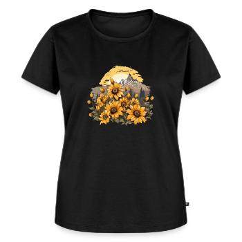 Sonnenblumen und Berglandschaft - Frauen Premium Bio T-Shirt - Schwarz - Vorne - Selfina (174cm)