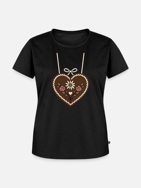 Lebkuchenherz mit Edelweiß & Rosen - Frauen Premium Bio T-Shirt - Schwarz