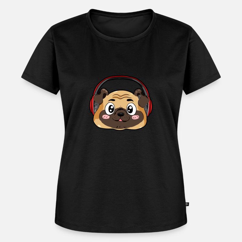 Mops mit Kopfhörer - Frauen Premium Bio T-Shirt - Schwarz