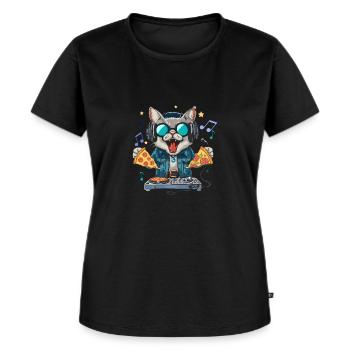 Disque Jockey Pizza Chat de l’Espace - Interstellaire - T-shirt Premium bio Femme - noir - Devant - Selfina (174cm)