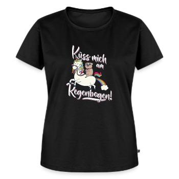 Küss mich am Regenbogen Einhorn Mops Spruch Lustig - Frauen Premium Bio T-Shirt - Schwarz - Vorne - Selfina (174cm)