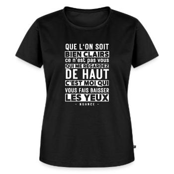 Humour homme femme petite taille. Baisser les yeux - T-shirt Premium bio Femme - noir - Devant - Selfina (174cm)