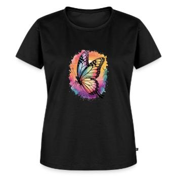 Bunter Schmetterling – Retro Regenbogen Design - Frauen Premium Bio T-Shirt - Schwarz - Vorne - Selfina (174cm)