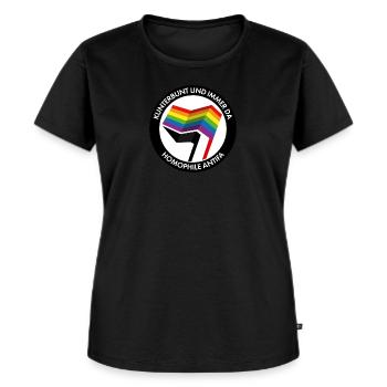 Kunterbunt und immer da – homophile Antifa - Frauen Premium Bio T-Shirt - Schwarz - Vorne - Selfina (174cm)