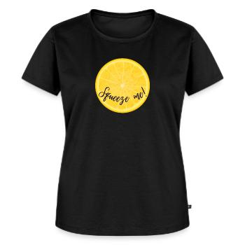 Quetsch mich | Zitrone, lustige Sprüche - Frauen Premium Bio T-Shirt - Schwarz - Vorne - Selfina (174cm)