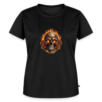 Skull mit Feuer und roten Rosen brennender Skull - Frauen Premium Bio T-Shirt - Schwarz - Vorne - Selfina (174cm)