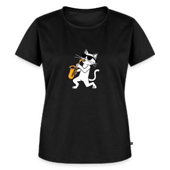 Lustige Katze mit Sonnebrille und Saxophon - Frauen Premium Bio T-Shirt - Schwarz - Vorne - Selfina (174cm)