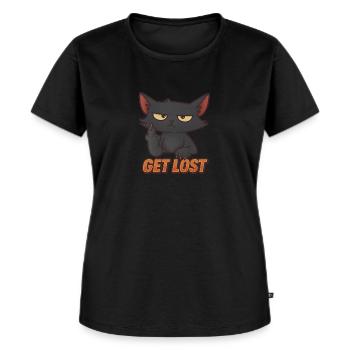 Naughty Cat - Dessin animé « Get Lost » avec le majeur - T-shirt Premium bio Femme - noir - Devant - Selfina (174cm)