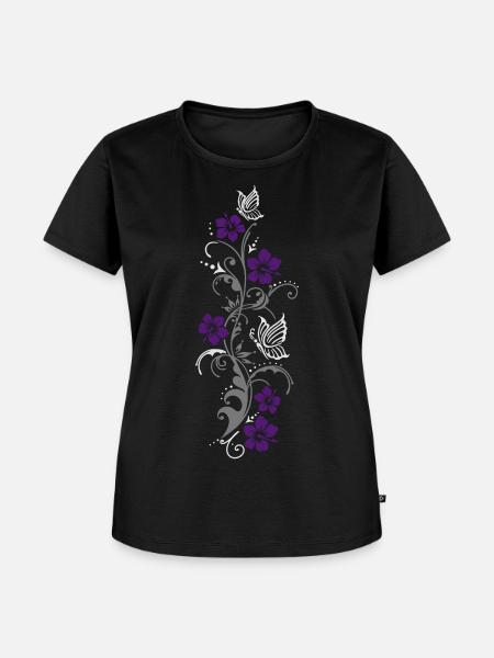 Ranke mit Hibiskusblüten und Schmetterlingen. - Frauen Premium Bio T-Shirt - Schwarz