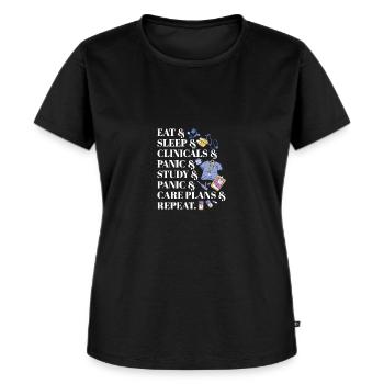 Eat Sleep Clinicals Panic Funny Nurse Medical - Frauen Premium Bio T-Shirt - Schwarz - Vorne - Selfina (174cm)