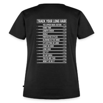 Verfolgen Sie Ihr langes Naturhaar Haarlängen - Frauen Premium Bio T-Shirt - Schwarz - Hinten - Selfina (174cm)