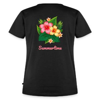 Tropische Blumen mit "Summertime" Schriftzug - Frauen Premium Bio T-Shirt - Schwarz - Hinten - Selfina (174cm)