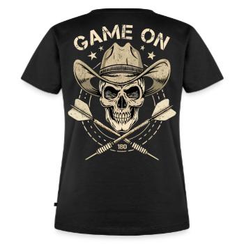 Dart Darts Cowboy Skull - Frauen Premium Bio T-Shirt - Schwarz - Hinten - Selfina (174cm)