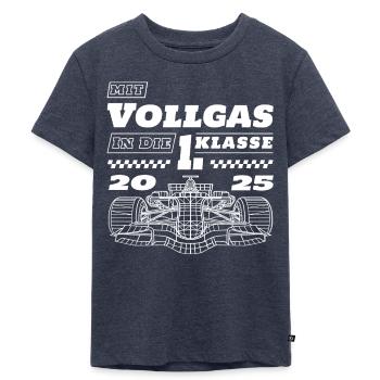 Einschulung Rennauto Rennwagen Schulkind 2025 - Kinder Premium Bio T-Shirt - Jeansblau  - Vorne - Mikhail (115cm)