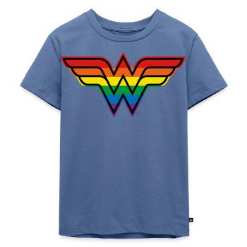 Justice League Wonder Woman Regenbogen Logo - Kinder Premium Bio T-Shirt - Taubenblau - Vorne - Mikhail (115cm)