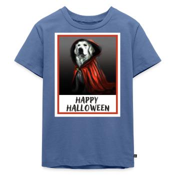 Golden Retriever trägt einen roten Halloween-Mantel. - Kinder Premium Bio T-Shirt - Taubenblau - Vorne - Mikhail (115cm)