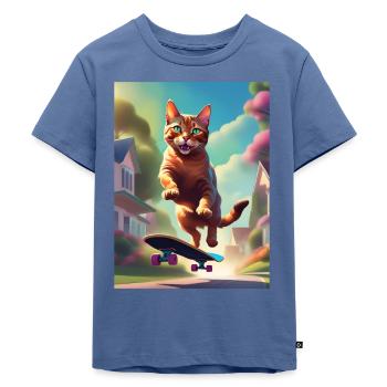 Katze Skateboaring - Kinder Premium Bio T-Shirt - Taubenblau - Vorne - Mikhail (115cm)
