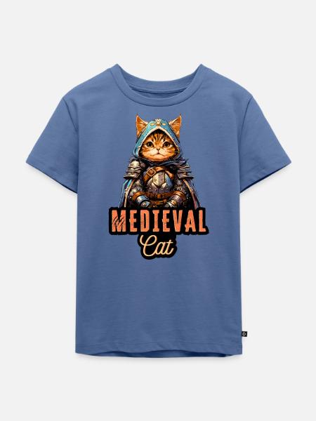 Mittelalterliche Katze: Fantasy-Rüstungsdesign - Kinder Premium Bio T-Shirt - Taubenblau