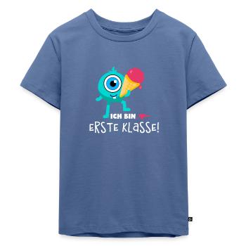 Schulstart Monster Erdbeer - Kinder Premium Bio T-Shirt - Taubenblau - Vorne - Mikhail (115cm)