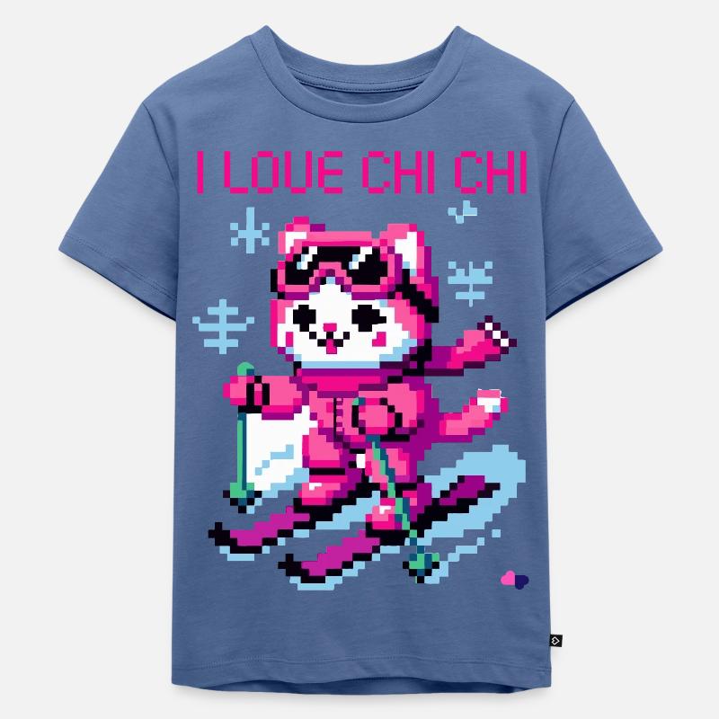 CHAT DE SKI DRÔLE SUR PENTE DE NEIGE RÉTRO PIXEL ART - T-shirt Premium bio Enfant - bleu pigeon