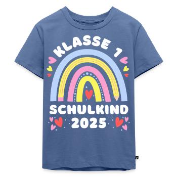 Schulkind 2025 - Klasse 1 - Regenbogen mit Stift - Kinder Premium Bio T-Shirt - Taubenblau - Vorne - Mikhail (115cm)