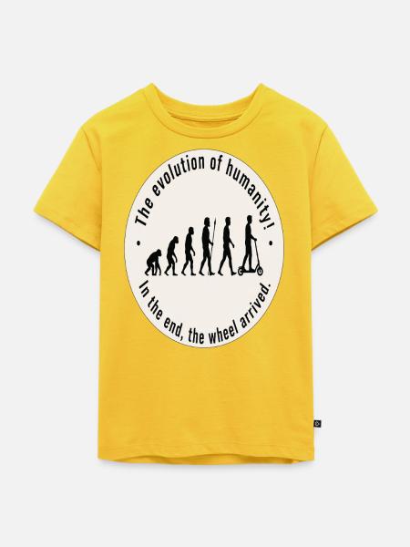 Die Evolution der Menschheit – lustige E-Roller-Kunst - Kinder Premium Bio T-Shirt - Sonnengelb