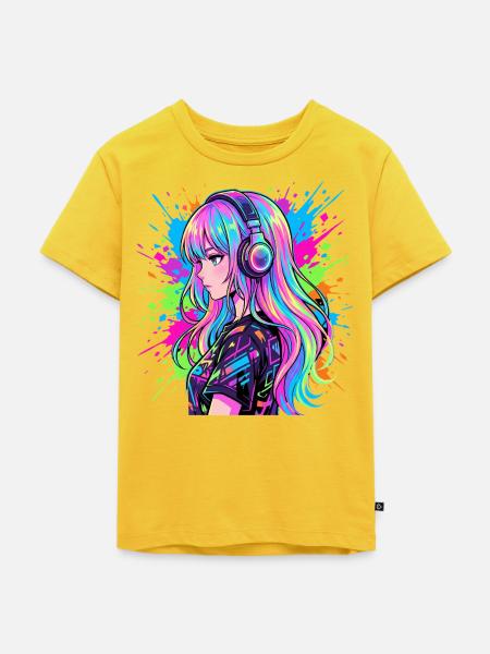 Neon Anime Kopfhörer Portrait - Kinder Premium Bio T-Shirt - Sonnengelb