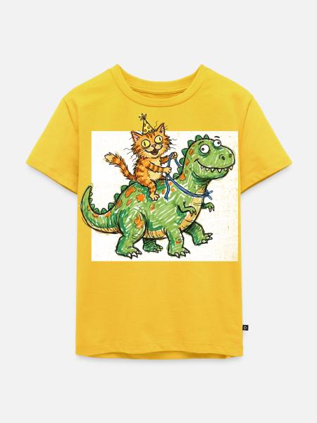 Katze reitet Dinosaurier - Kinder Premium Bio T-Shirt - Sonnengelb