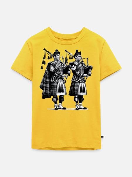 Dudelsack Duo im Kilt - Kinder Premium Bio T-Shirt - Sonnengelb