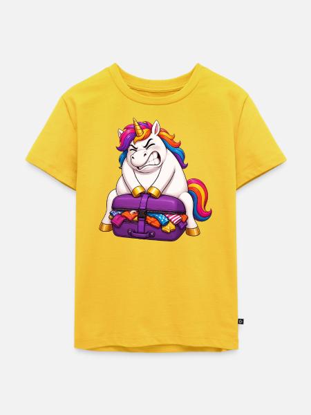 Einhorn Übergepackter Koffer - Kinder Premium Bio T-Shirt - Sonnengelb