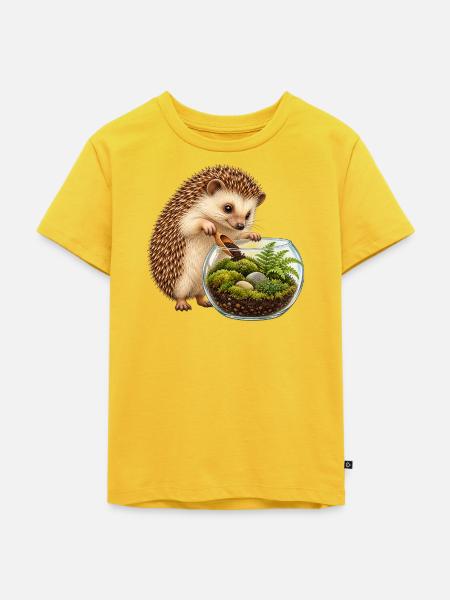 Igel baut ein Moos-Terrarium - Kinder Premium Bio T-Shirt - Sonnengelb