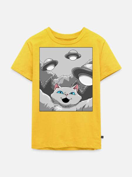 Katze UFO Selfie - Kinder Premium Bio T-Shirt - Sonnengelb