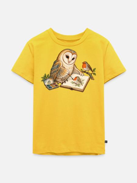 Eule malt ein Rotkehlchen - Kinder Premium Bio T-Shirt - Sonnengelb
