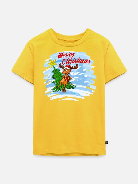 Merry Christmas - Rentier mit Geschenk am Baum - Kinder Premium Bio T-Shirt - Sonnengelb