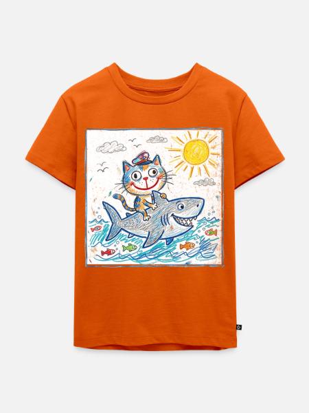 Katze reitet Haifisch - Kinder Premium Bio T-Shirt - Orange 