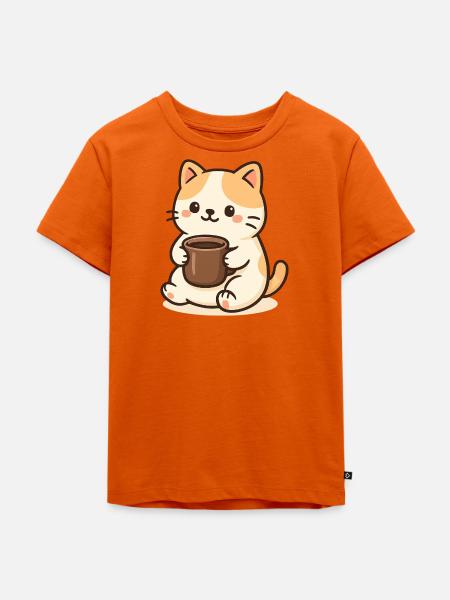 Cat with Cup - Kinder Premium Bio T-Shirt - Orange