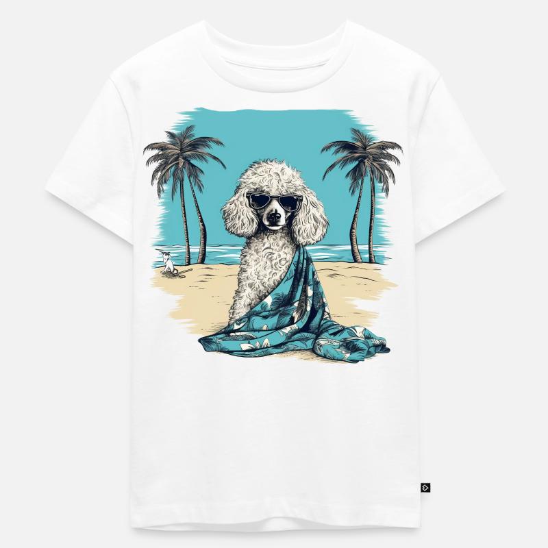 Caniche avec des lunettes de soleil à la plage - T-shirt Premium bio Enfant - blanc