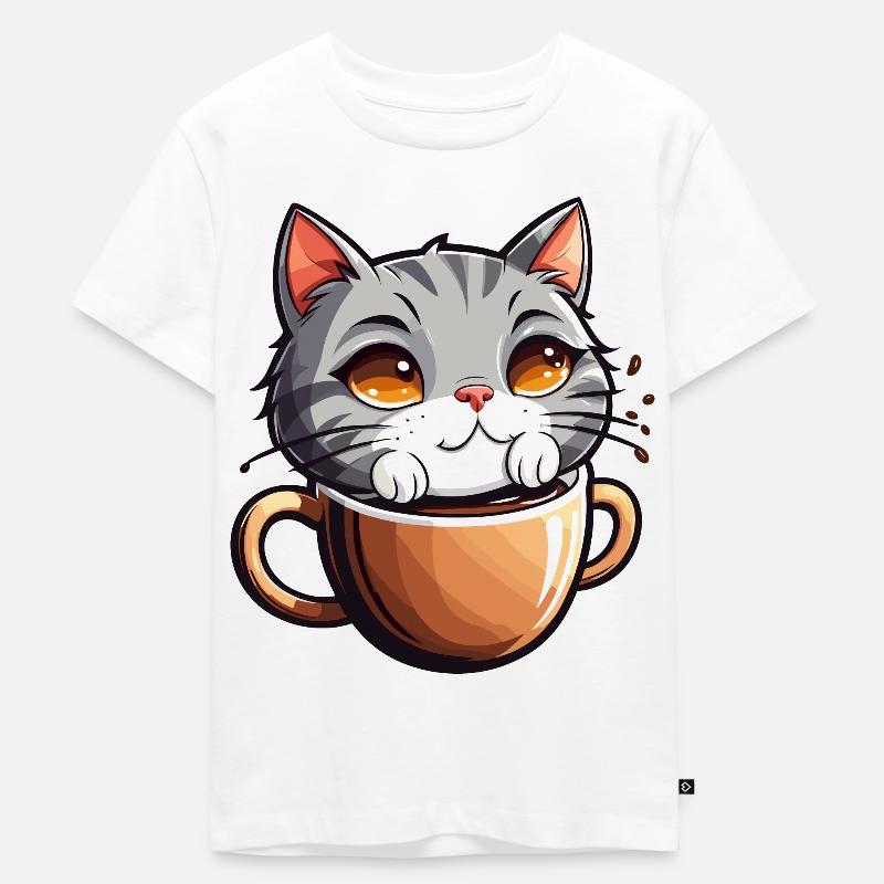 Un chat se baigne dans le café - T-shirt Premium bio Enfant - blanc