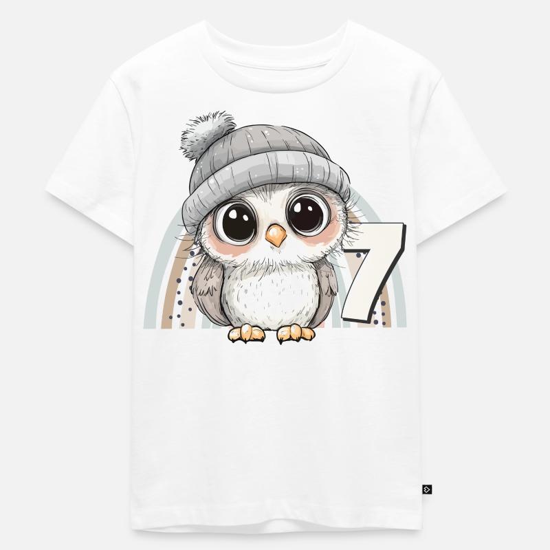 7. Födelsedag Uggla, Regnbåge, Söt, Söt - Ekologisk premium-T-shirt barn - vit