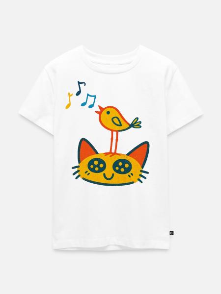 Singender Vogel auf Katze - Kinder Premium Bio T-Shirt - Weiß