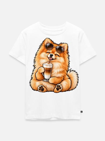 Süßer Zwergspitz mit Latte Macchiato - Kinder Premium Bio T-Shirt - Weiß
