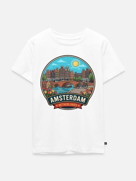 Amsterdam Niederländische Kanalhäuser Reiseabzeichen - Kinder Premium Bio T-Shirt - Weiß