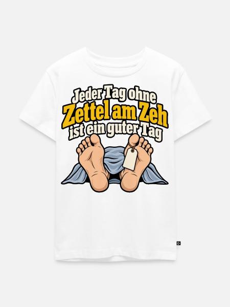 Zettel am Zeh – Schwarzer Humor - Kinder Premium Bio T-Shirt - Weiß