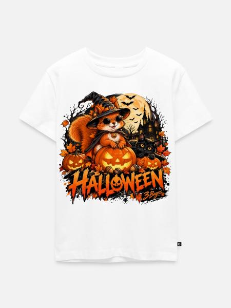 Halloween Squirrel – Kürbis & Hexenhut. 3 Bagss® - Kinder Premium Bio T-Shirt - Weiß