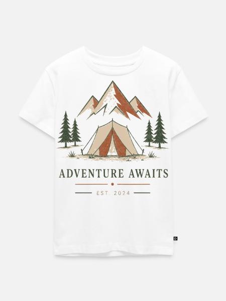 Abenteuer wartet Zelt & Berge - Kinder Premium Bio T-Shirt - Weiß